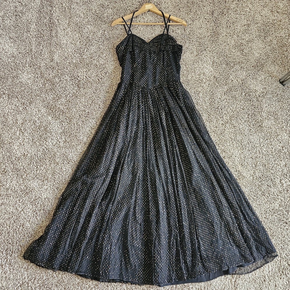 1940s 1950s Vintage Black Gold Sparkle Ball Gown Dancing Dress Halter Straps #89